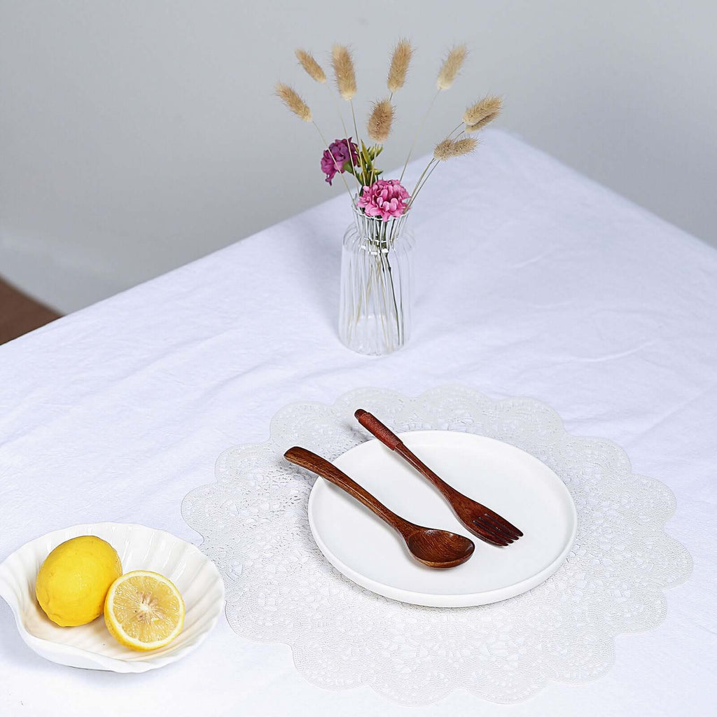 6-Pack Dining Table Mats Floral Lace Design White - Vinyl Non-Slip Surface with Vintage Appeal 15"