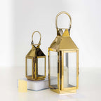 Stainless Steel Candle Lantern Crown Top Design Gold - Outdoor Metal Patio Lantern Centerpiece 14"