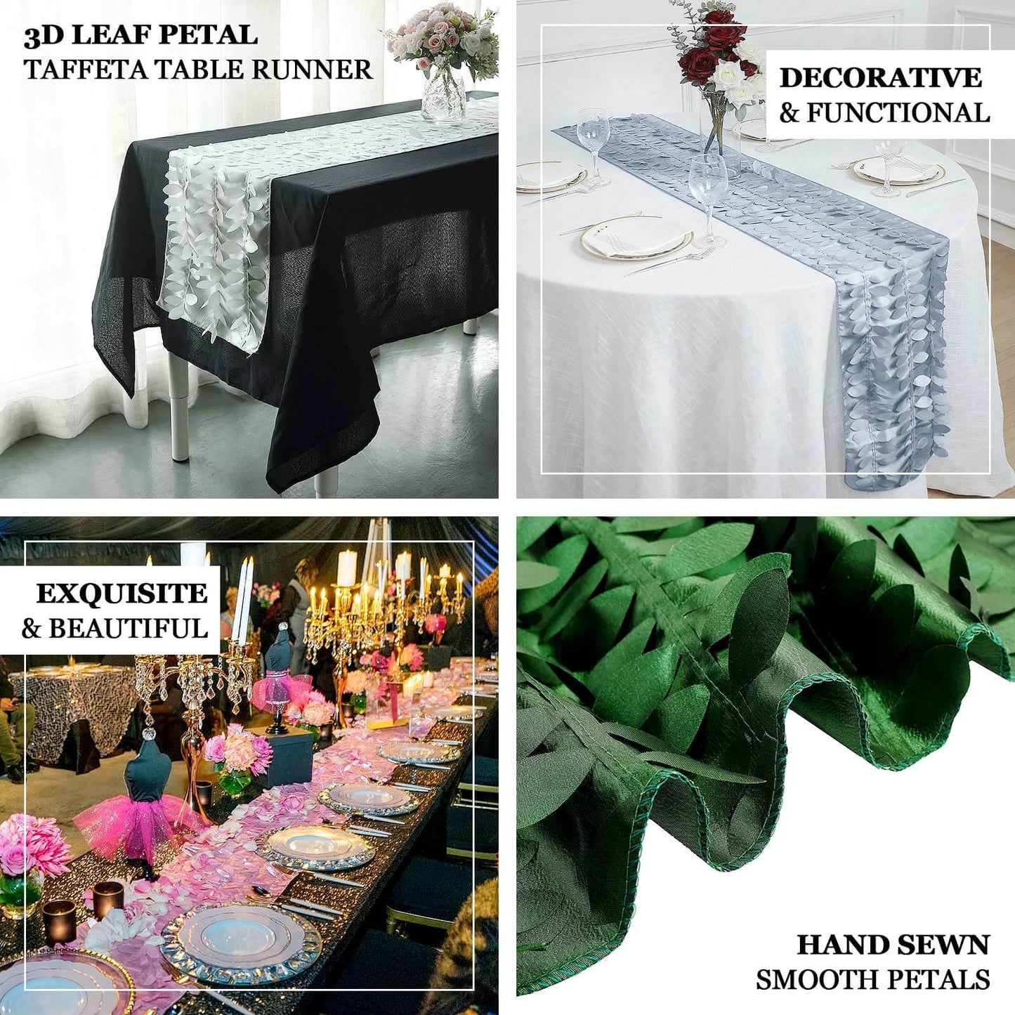 Taffeta Fabric 12"x108" Table Runner Green - 3D Leaf Petal Design