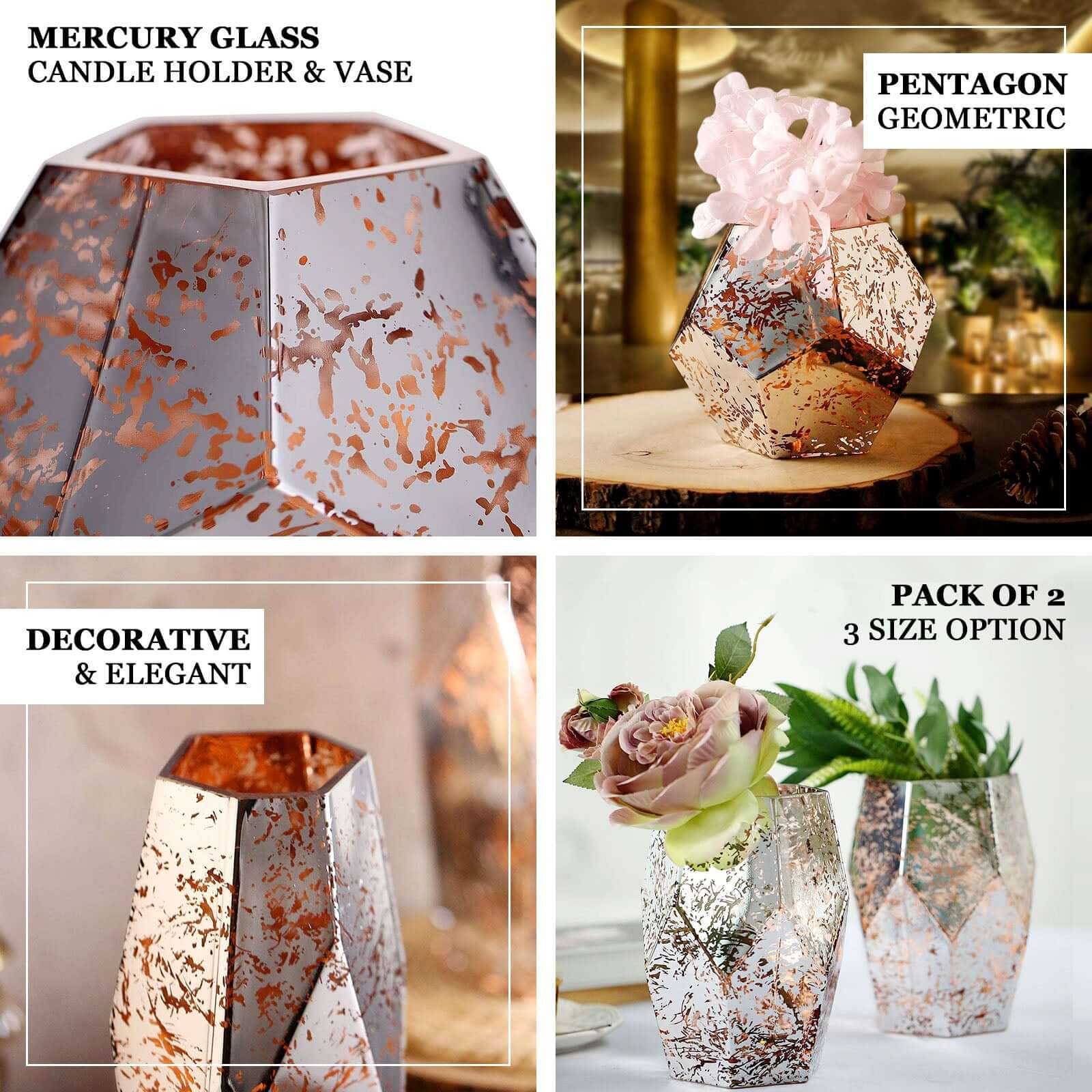 2-Pack Mercury Glass Vases Pentagon Design Silver Rose Gold - Decorative Candle Holder Centerpieces 8"