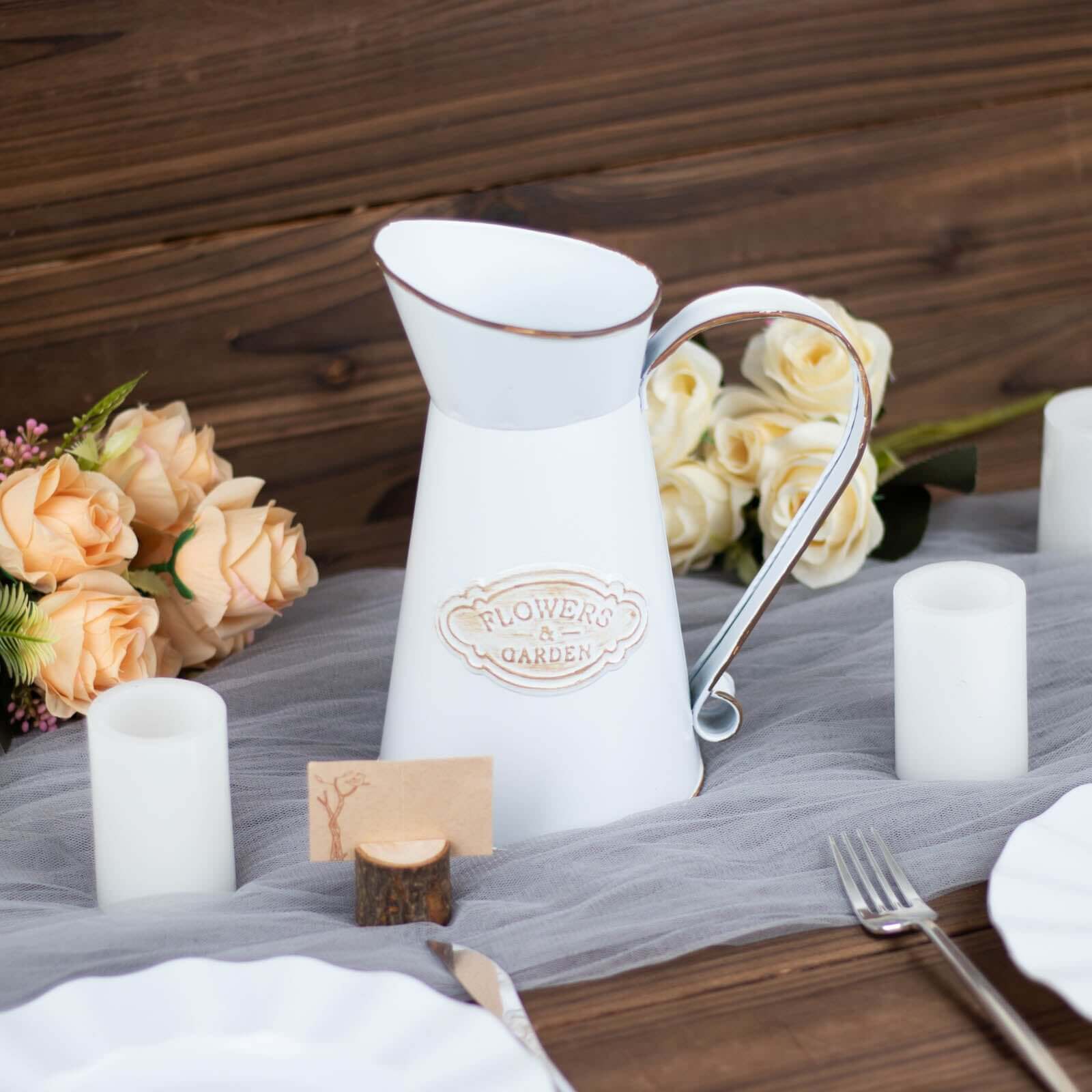 Metal Garden Water Pitcher Rustic Milk Jug Design - Shabby Chic Decorative Flower Vase 9"