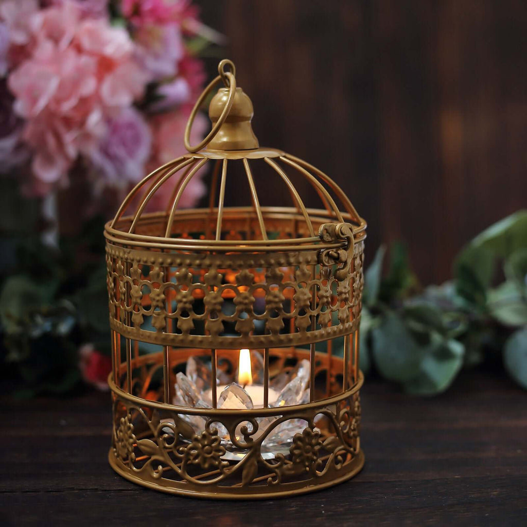 Set of 2 Card Holders Wrought Iron Bird Cage Design Metallic Gold - Decorative Display Stand 9"/13"