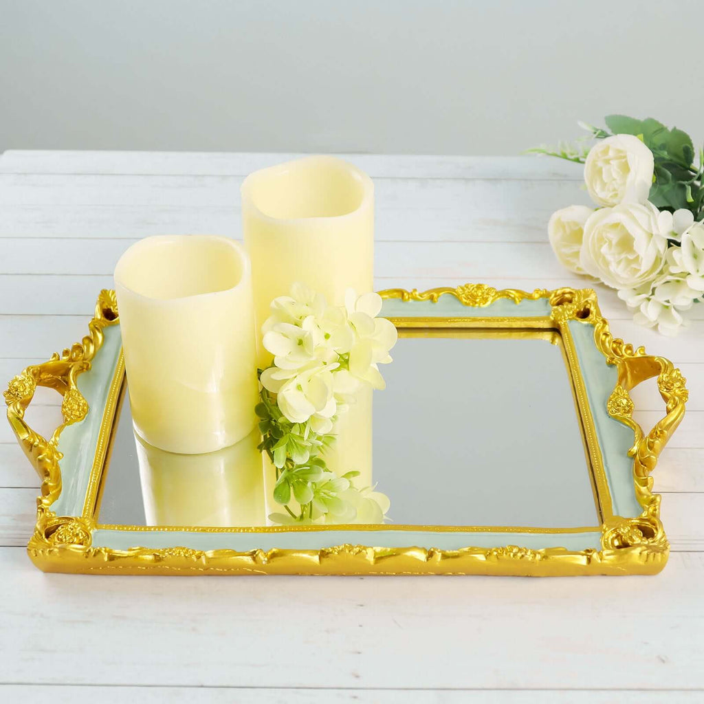 Resin Mirrored Rectangle Serving Tray 15"x10" in Mint Green with Gold Baroque Design, Stylish Decorative Vanity Tray Centerpiece