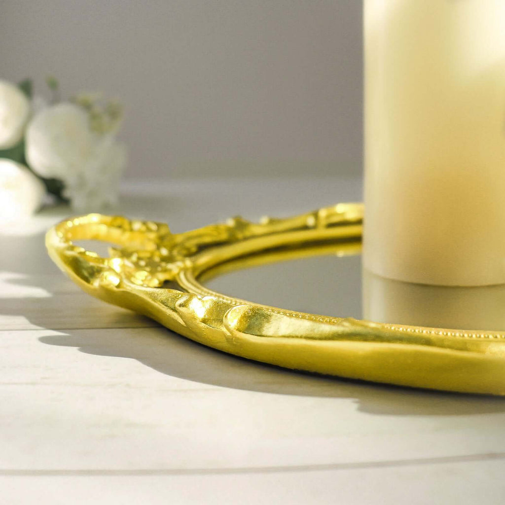 Resin Mirrored Vanity Oval Serving Tray 14"x10" in Black with Metallic Gold Baroque Design, Stylish Decorative Vanity Tray Centerpiece