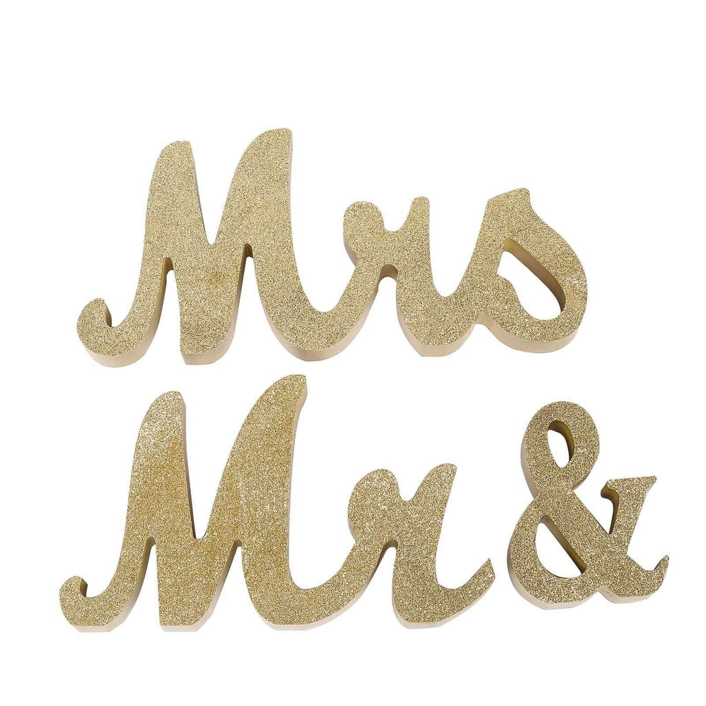 Wooden "Mr & Mrs" Freestanding Letters Gold Glittered - Rustic Glam Wedding Table Display Signs