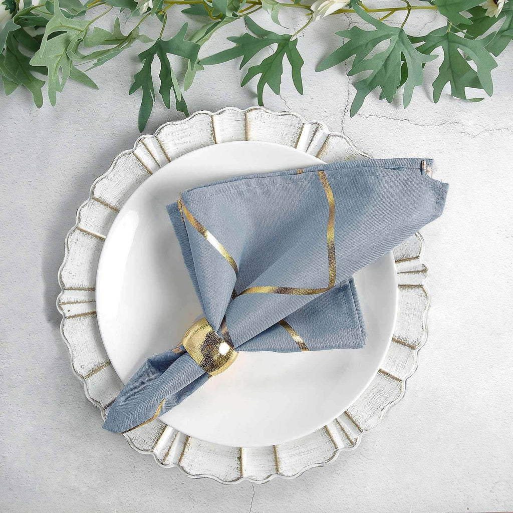 5 Pack Polyester 20"x20" Napkins Dusty Blue with Gold Geometric Foil Pattern - Modern Reusable Dinner Napkins