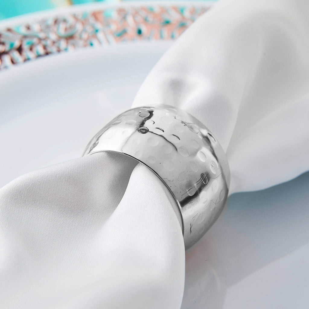 4 Pack Metallic Silver Hammered Pattern Metal Napkin Rings