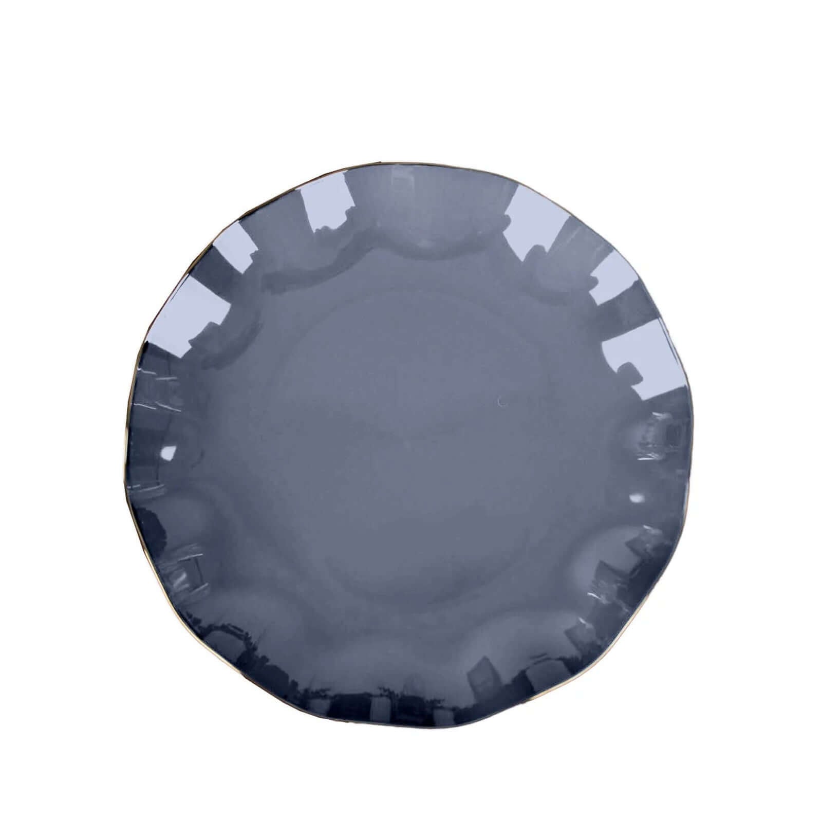 10-Pack Plastic Round 6" Dessert Plates in Navy Blue Ruffled Rim with Gold Edging - Sturdy Disposable Salad Appetizer Dinnerware