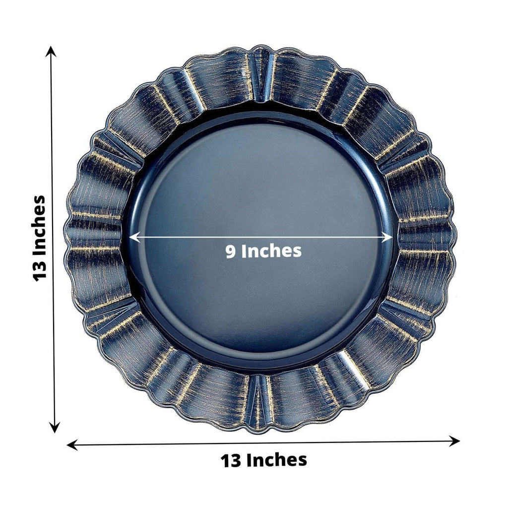 6-Pack Acrylic Plastic Round Charger Plates 13" in Navy Blue with Gold Brushed Wavy Scalloped Rim, Decorative Dinner Party Charger Tableware