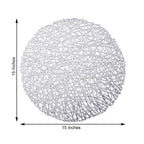 6-Pack Vinyl Placemats Silver Woven Design - Durable Non-Slip Round Table Mats for Dining 15"