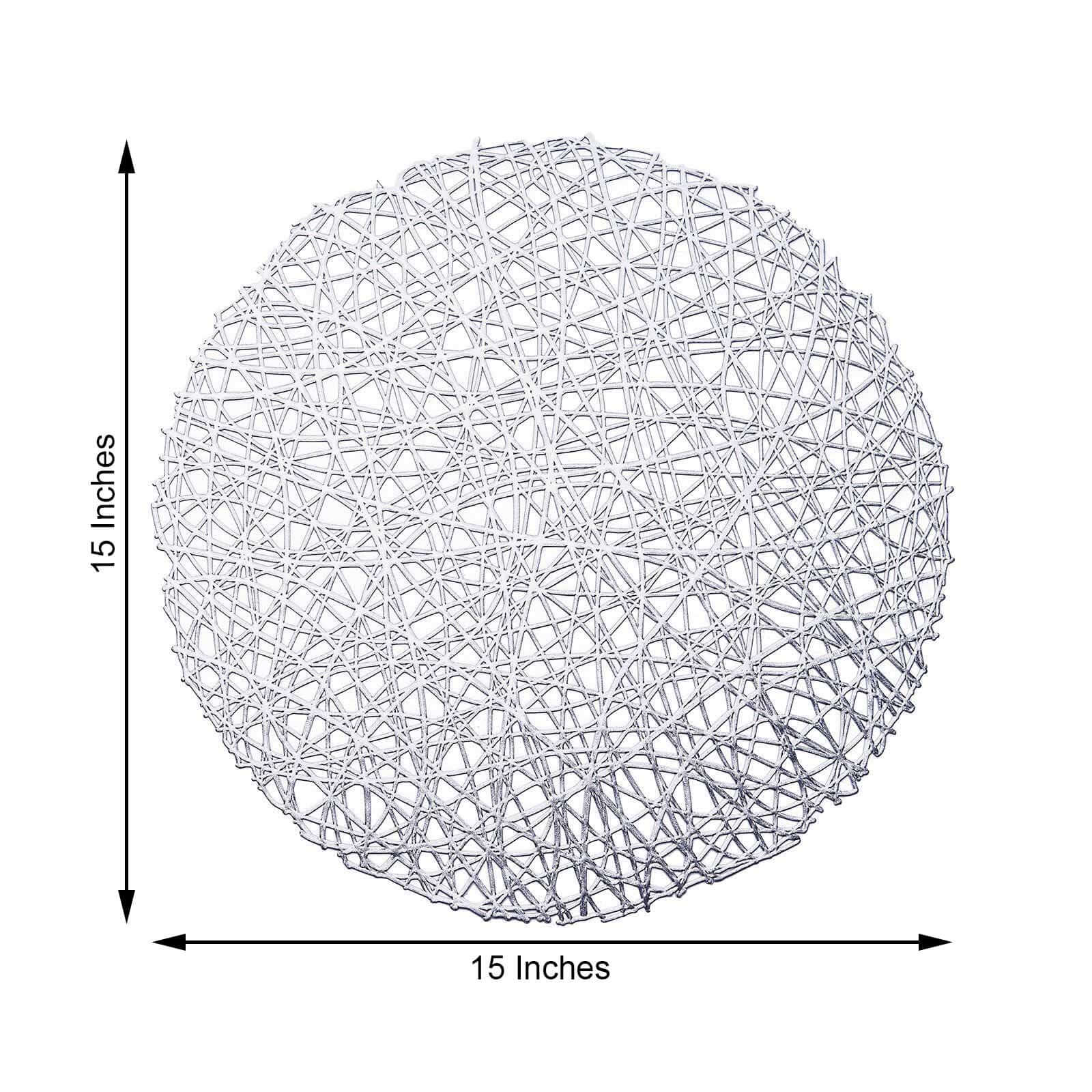 6-Pack Vinyl Placemats Silver Woven Design - Durable Non-Slip Round Table Mats for Dining 15"