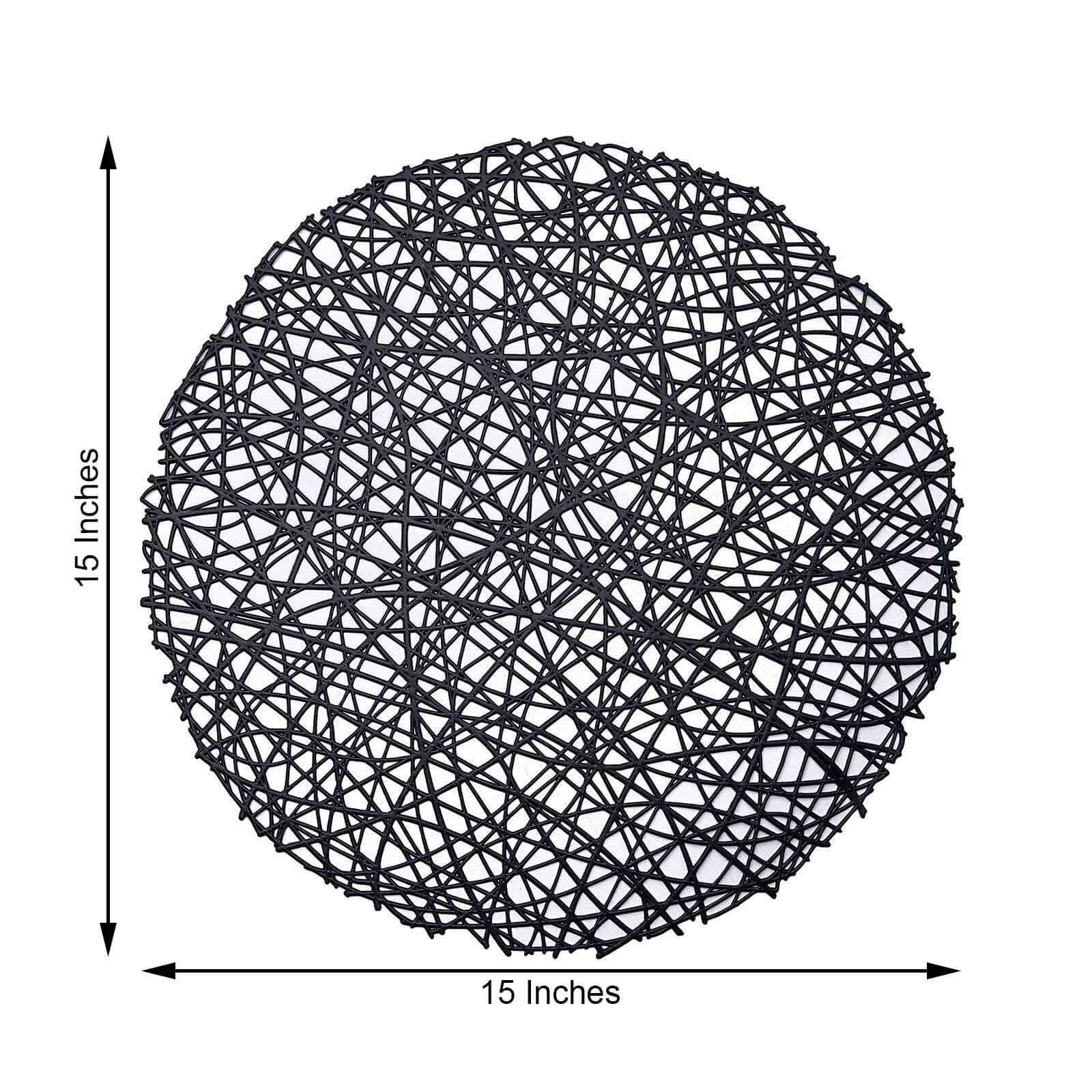 6-Pack Vinyl Placemats Black Woven Design - Durable Non-Slip Round Table Mats for Dining 15"