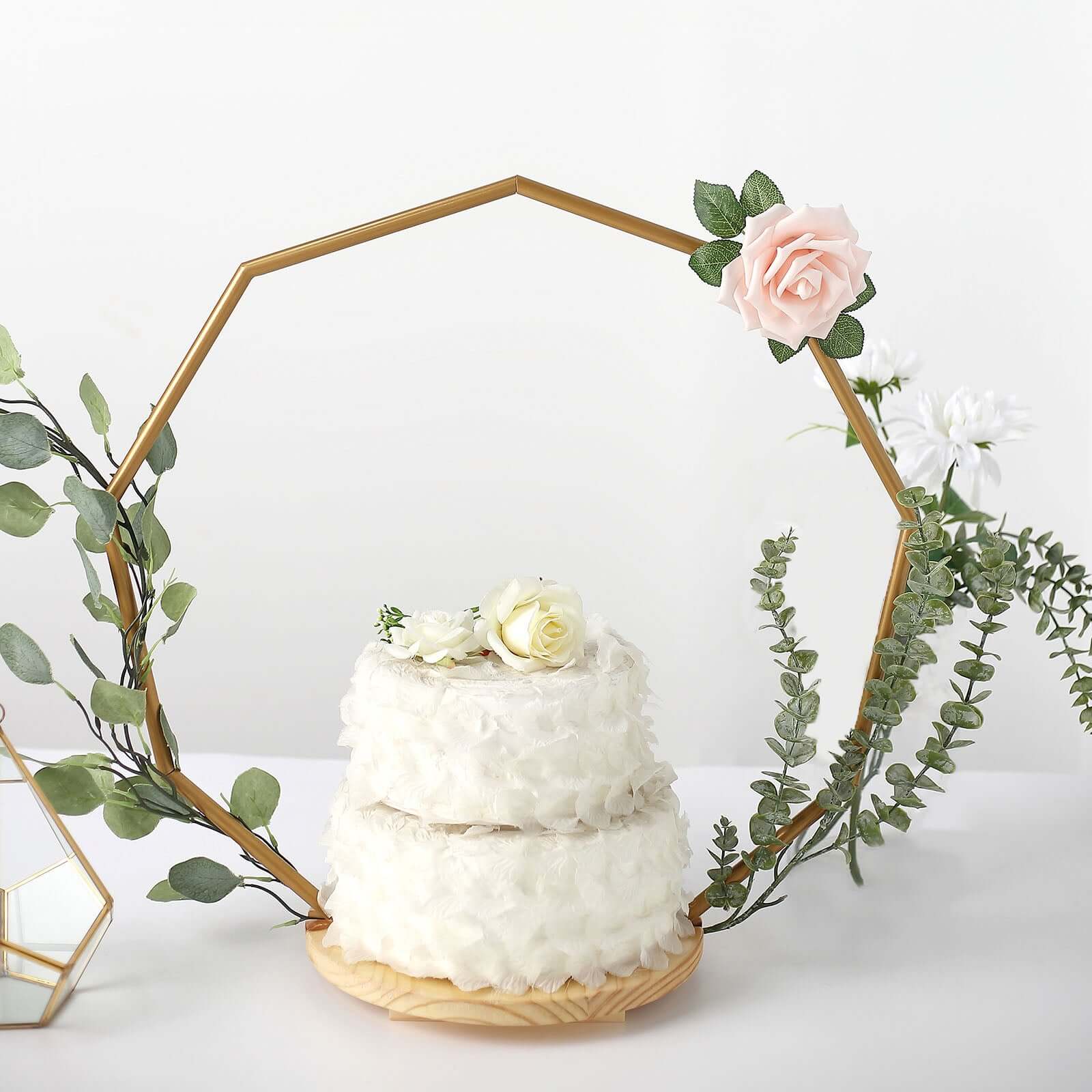 Metal Nonagon Floral Hoop Cake Stand Gold - Chic Geometric Dessert Display DIY Centerpiece Table Decoration With Wooden Base 22"