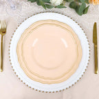 10-Pack Plastic 10" Dinner Plates in Nude with Gold Scalloped Rim - Disposable Large Party Plates