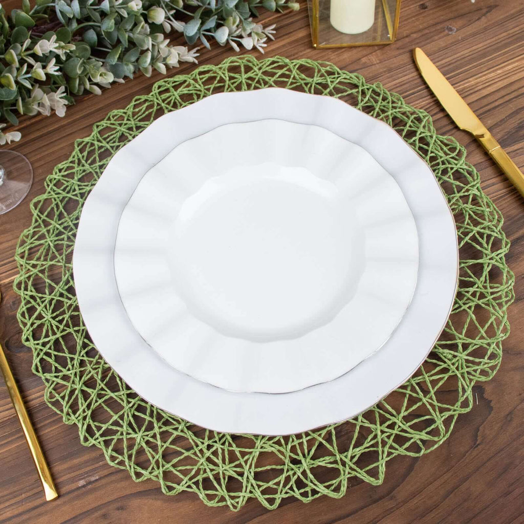 6-Pack Table Placemats Woven Fiber Design Olive Green Round - Disposable Mats for Dining and Events 15"
