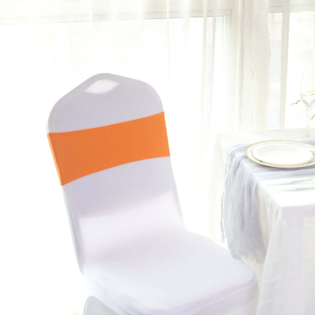5 Pack Stretch Spandex Chair Sashes Orange - Reusable Chair Bands with Silver Diamond Ring Slide Buckle 5"x14"