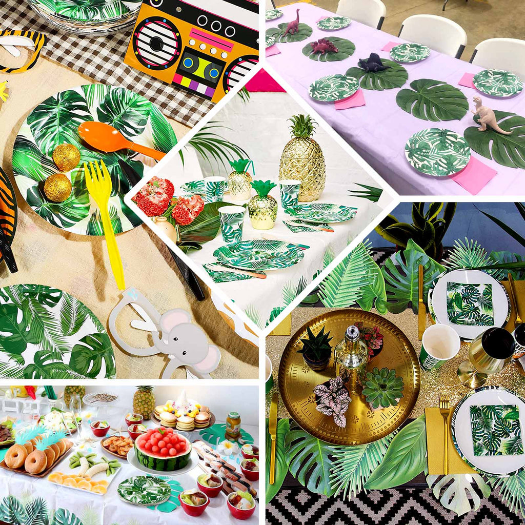 25-Pack Paper 9" Round Dinner Plates in White with Tropical Palm Leaf Design - Disposable 300GSM Party Plates for Luau & Summer Gatherings