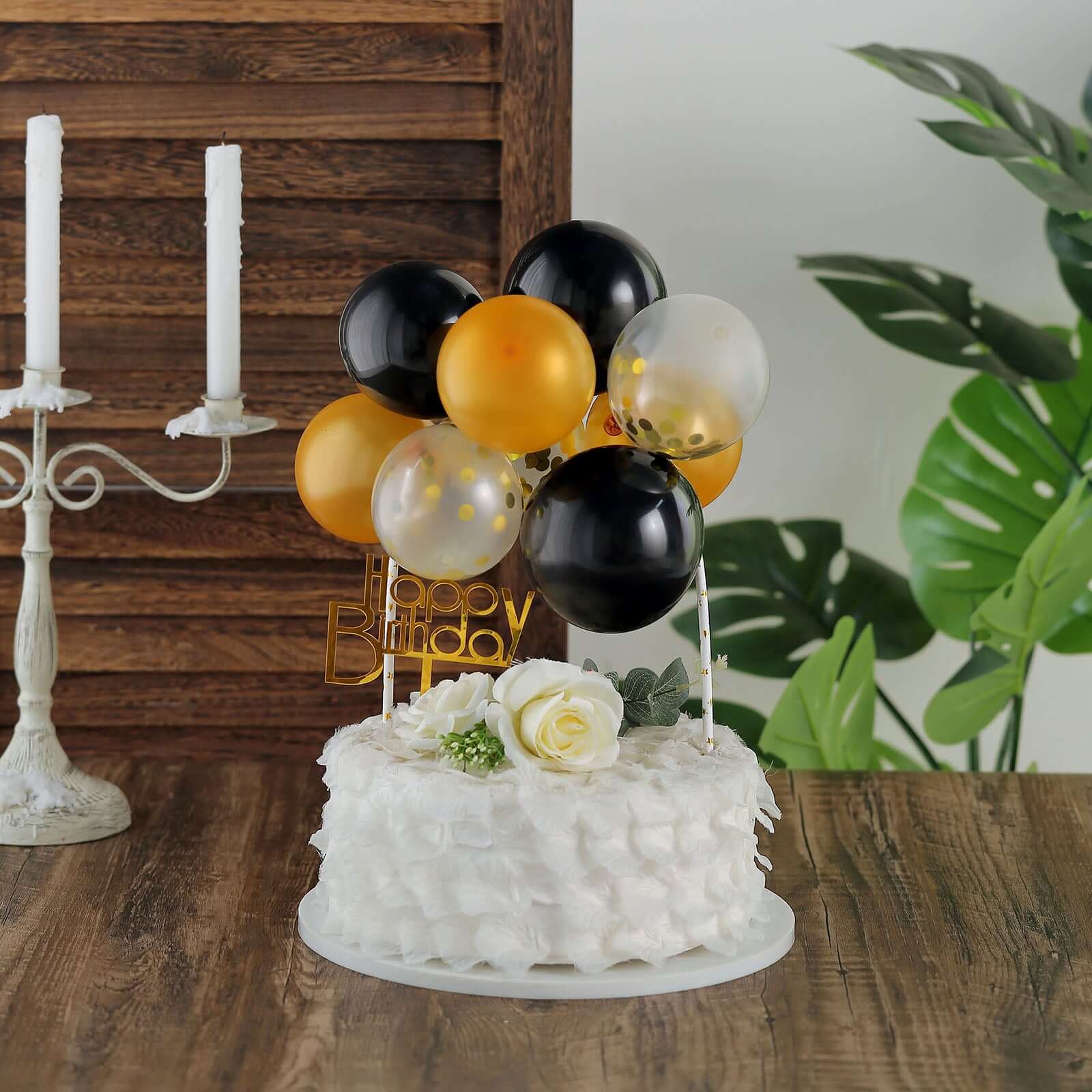 11 Pcs Balloon Cake Topper Black, Clear and Gold - Whimsical Clustered Mini Garland Cake Inserts DIY Party Decorations