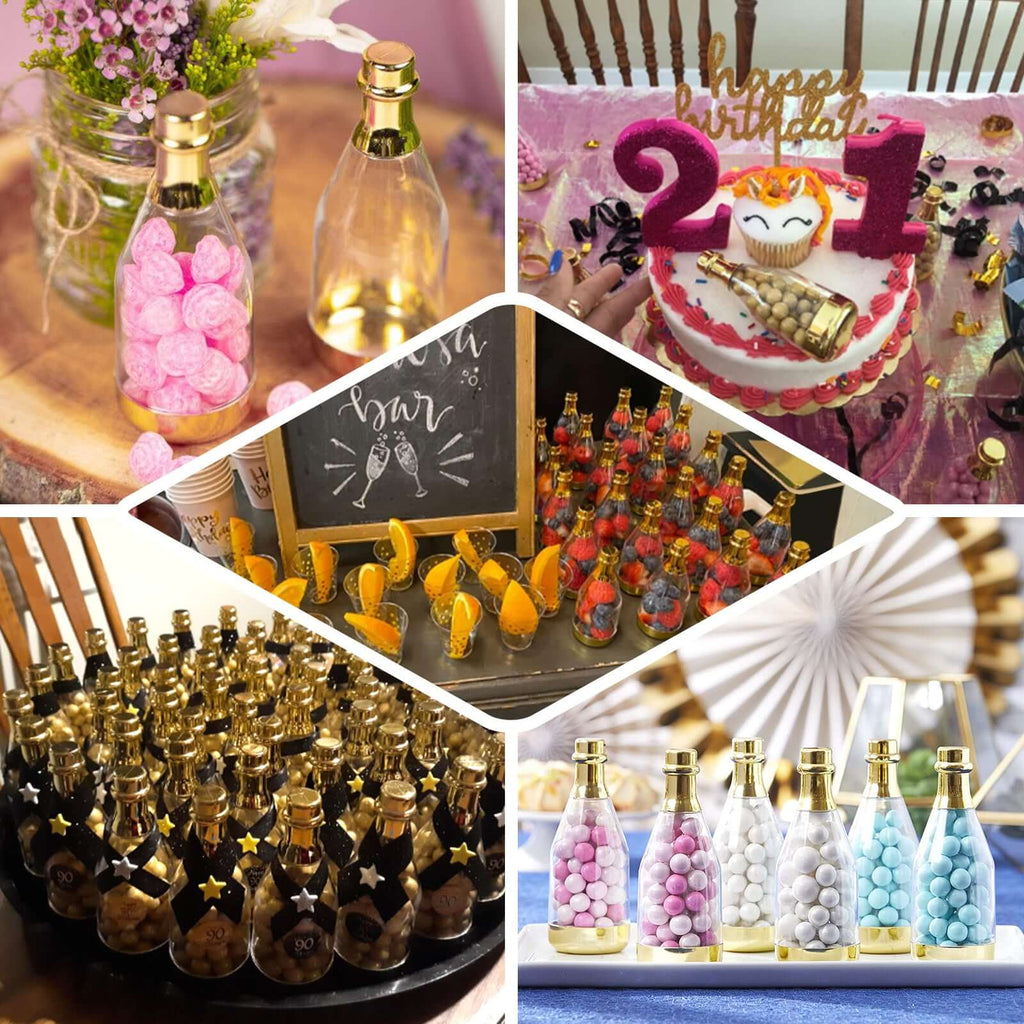 12-Pack Fillable Mini Champagne Bottle Candy Container Clear Gold - Unique Candy Treat Favor Containers 6"