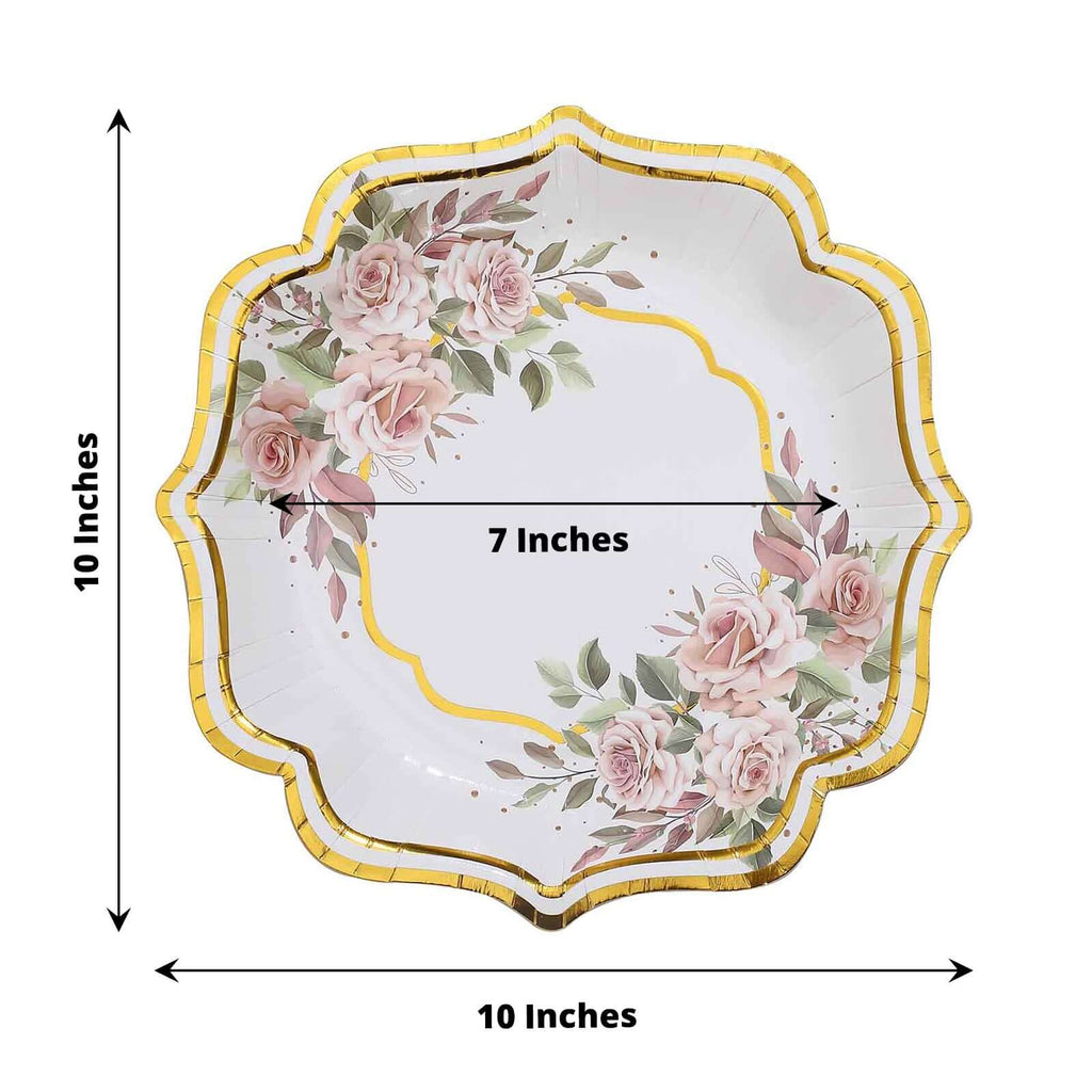 25-Pack Paper 10" Dinner Plates in White with Floral Print & Gold Scallop Rim - Disposable 300GSM Party Plates for Cocktail Events & Receptions
