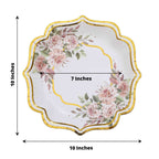 25-Pack Paper 10" Dinner Plates in White with Floral Print & Gold Scallop Rim - Disposable 300GSM Party Plates for Cocktail Events & Receptions