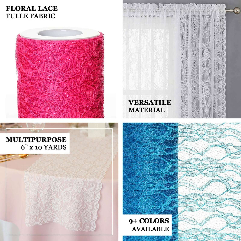 6"X10 Yards Fuchsia Floral Lace Shimmer Glitter Tulle Fabric Bolt