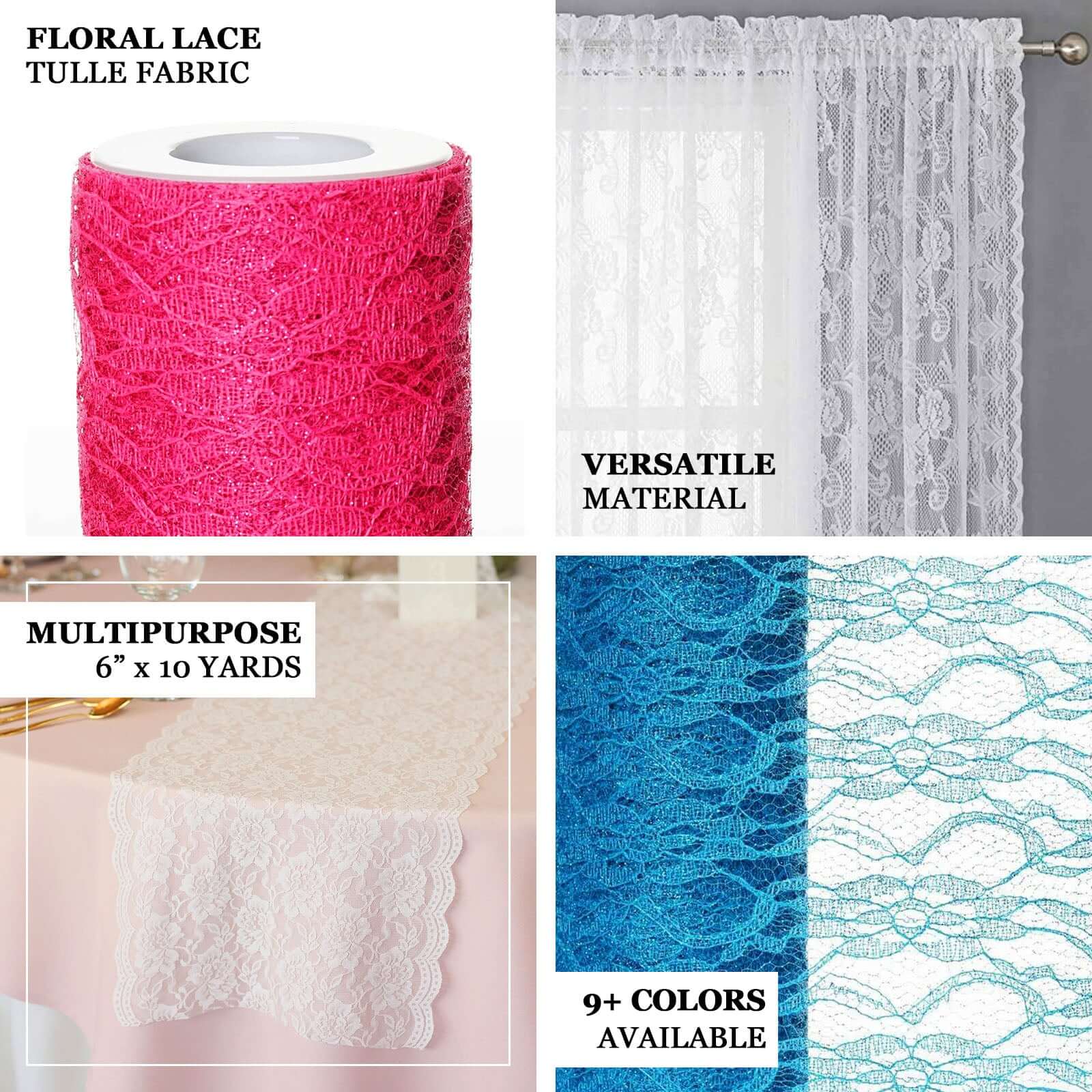 6"X10 Yards Fuchsia Floral Lace Shimmer Glitter Tulle Fabric Bolt