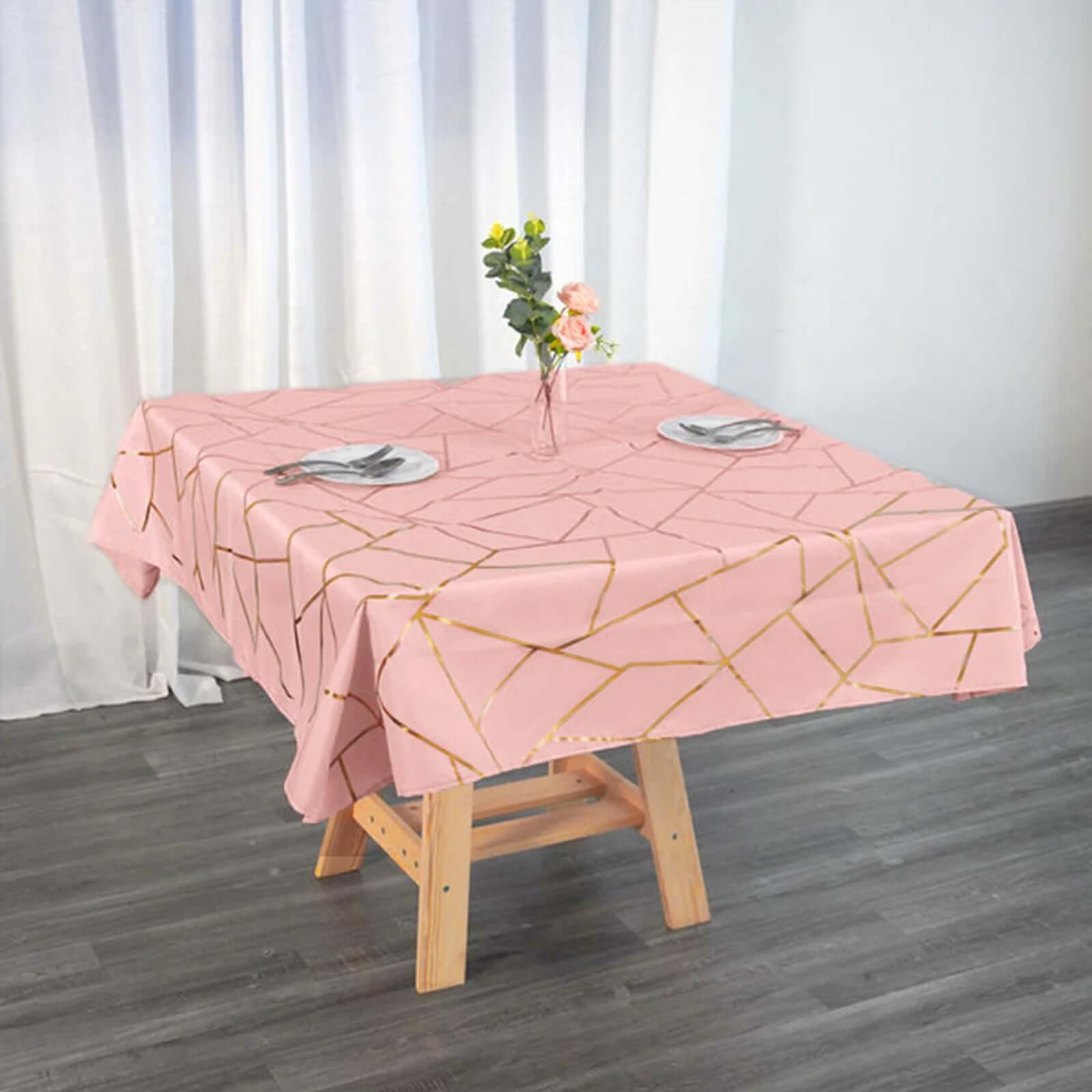 Polyester 54"x54" Square Tablecloth Dusty Rose with Gold Foil Geometric Pattern - Wrinkle-Resistant & Durable Table Cover