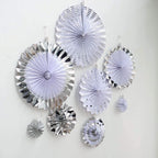 Set of 8 Silver White Hanging Paper Fan Decorations, Pinwheel Wall Backdrop Party Kit - 4", 8", 12", 16"