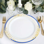 10-Pack Plastic 10" Round Dinner Plates in White with Royal Blue Rim - Stylish Gold Vine Design Disposable Party Plates for Special Occasions & Celebrations