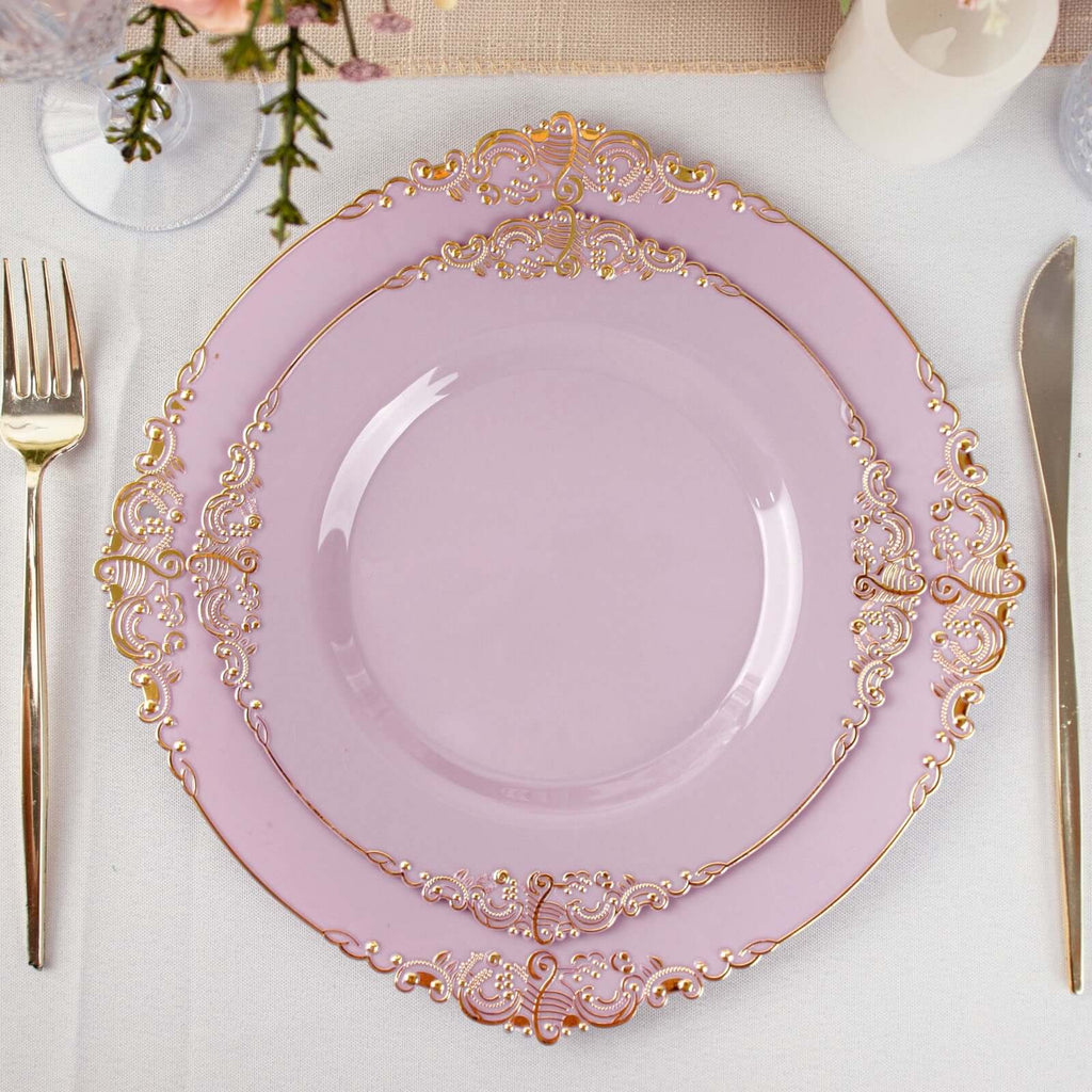10-Pack Plastic 8" Round Dessert Plates in Lavender Lilac with Gold Leaf Embossed Rim - Disposable Vintage Baroque Style Salad Plates