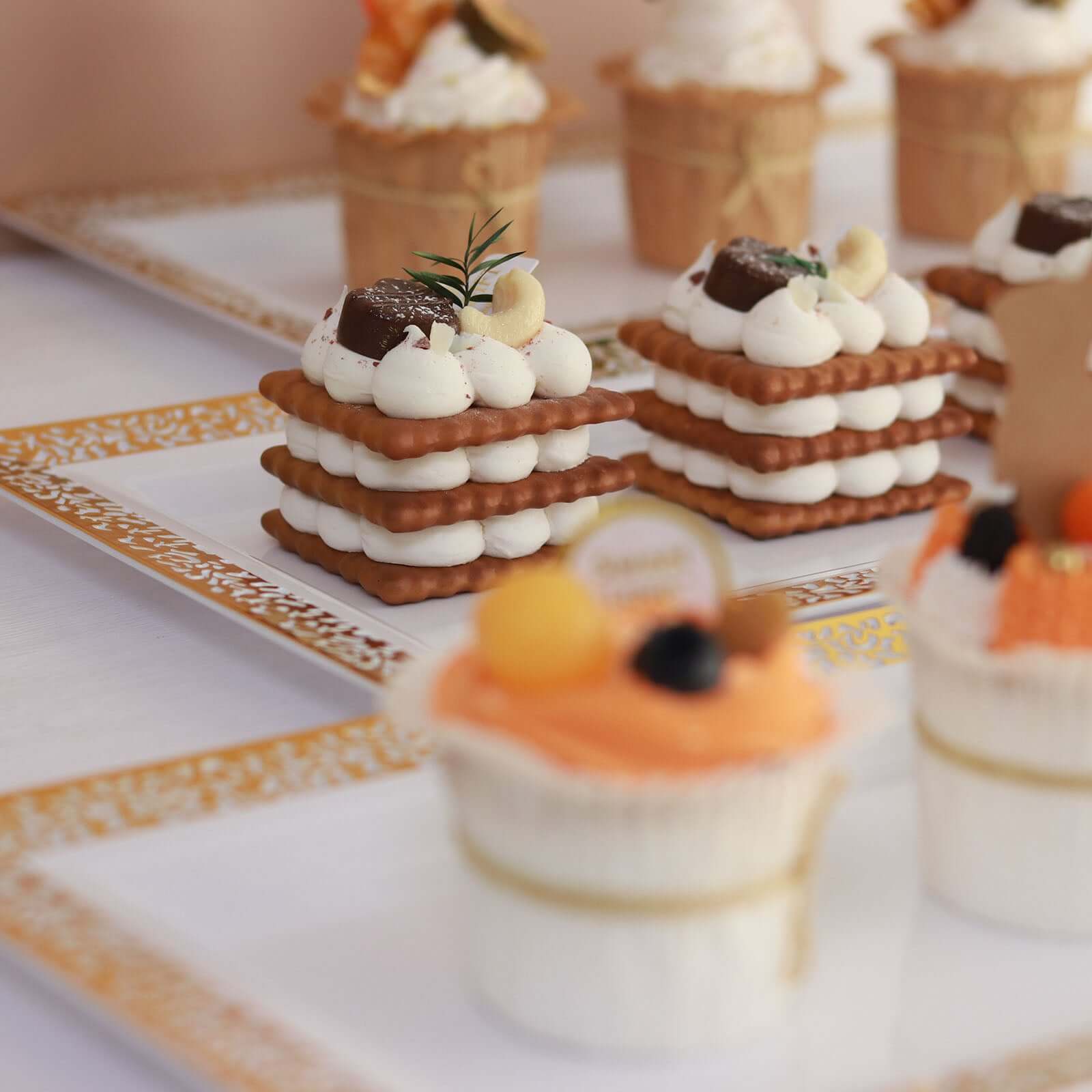 4-Pack Plastic 14" Rectangle Serving Trays White with Gold Lace Rim - Chic Decorative Table Tray Platters for Buffets Banquets Dinner Parties