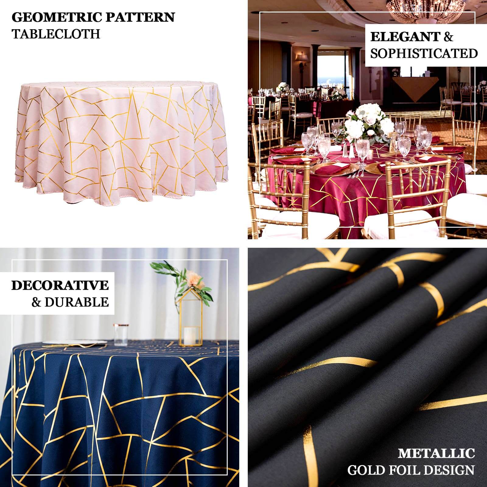 Polyester 120" Round Tablecloth Red with Gold Foil Geometric Pattern Wrinkle-Resistant Seamless Table Cover