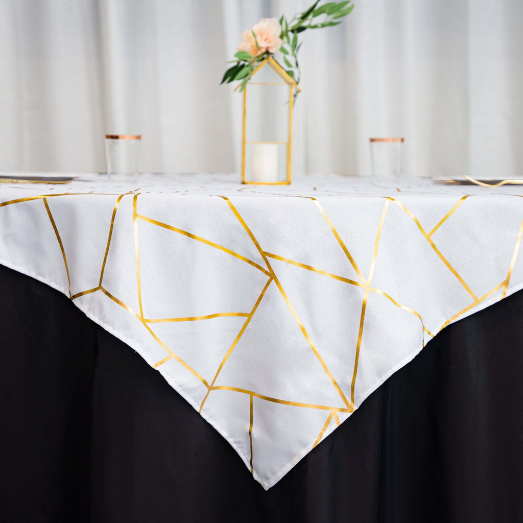 Polyester 54"x54" Table Overlay Square Tablecloth White with Gold Foil Geometric Pattern - Wrinkle-Resistant & Durable for Stylish Settings