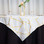 Polyester 54"x54" Table Overlay Square Tablecloth White with Gold Foil Geometric Pattern - Wrinkle-Resistant & Durable for Stylish Settings
