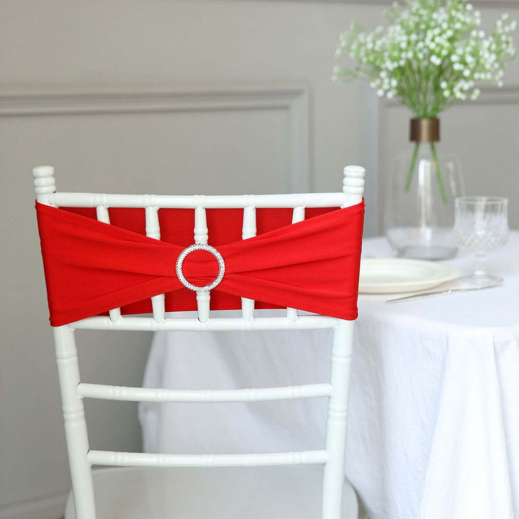 5 Pack Stretch Spandex Chair Sashes Red - Reusable Chair Bands with Silver Diamond Ring Slide Buckle 5"x14"