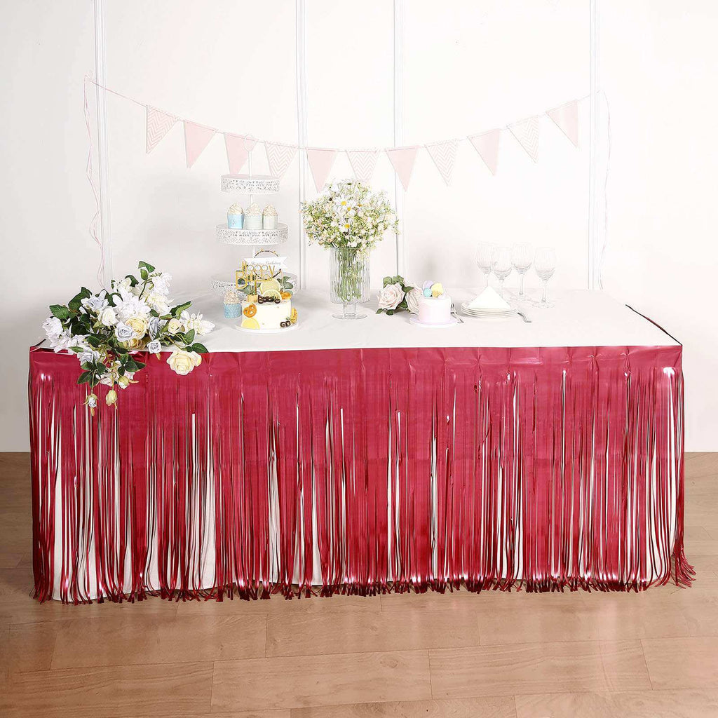 Metallic Foil Fringe Table Skirt Matte Red with Self Adhesive Backing - Durable Tinsel Skirt for Parties 30"x9ft