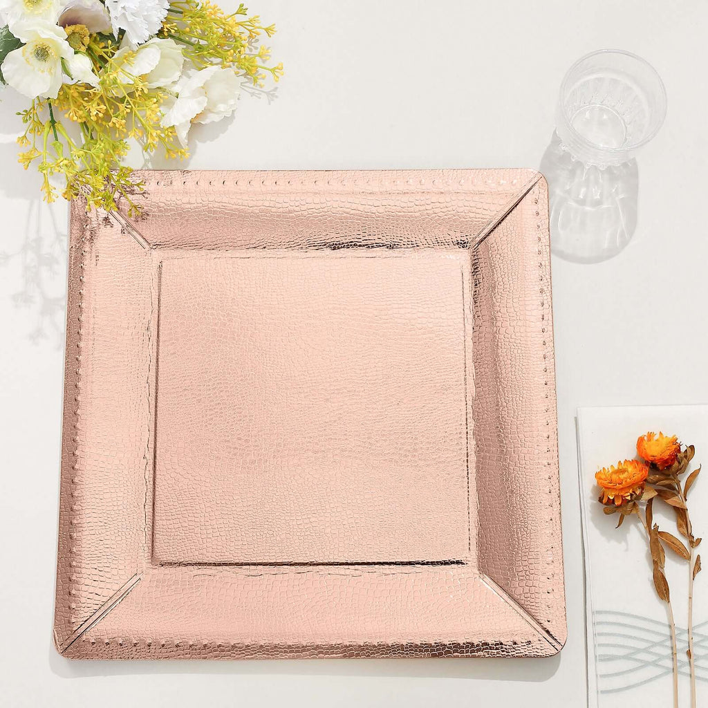 10-Pack Disposable Square Charger Plates in Rose Gold with Leather Like Texture - 1100GSM Durable Paper Chargers for Sophisticated Events 13"