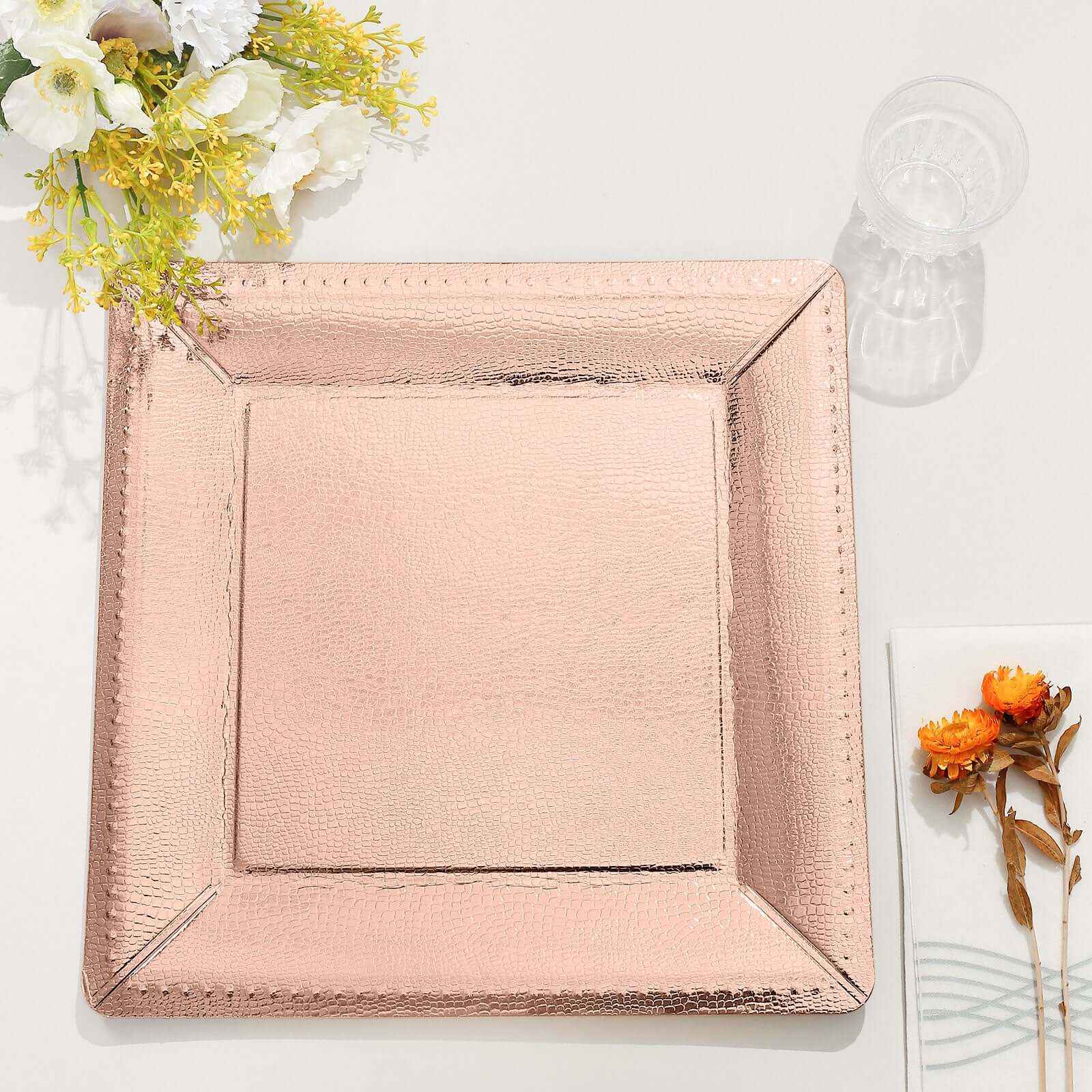 10-Pack Disposable Square Charger Plates in Rose Gold with Leather Like Texture - 1100GSM Durable Paper Chargers for Sophisticated Events 13"