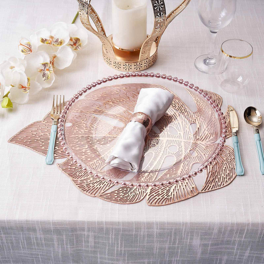 6-Pack Dining Table Mats Monstera Leaf Design Rose Gold - Vinyl Non-Slip Surface for Tropical Themes 18"
