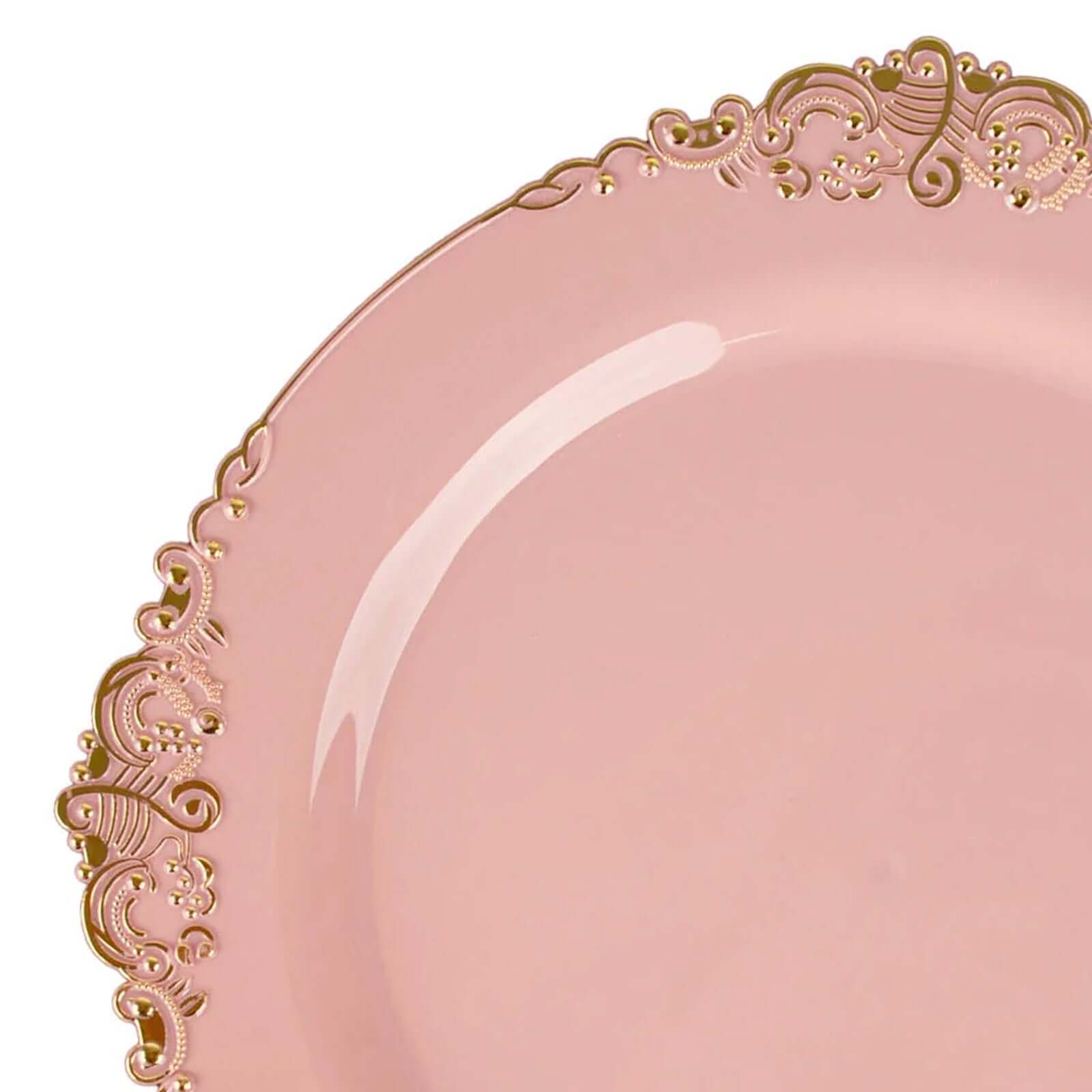 10-Pack Plastic 10" Round Dinner Plates in Dusty Rose with Gold Leaf Embossed Rim - Disposable Vintage Baroque Style Plates