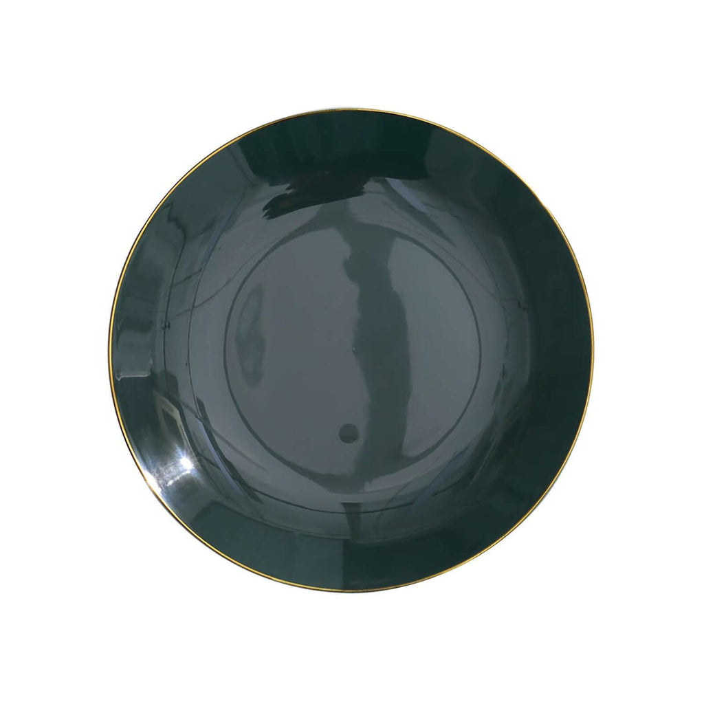 10-Pack Plastic 8" Round Dessert Plates in Hunter Emerald Green with Gold Rim - Glossy Disposable Appetizer Salad Plates