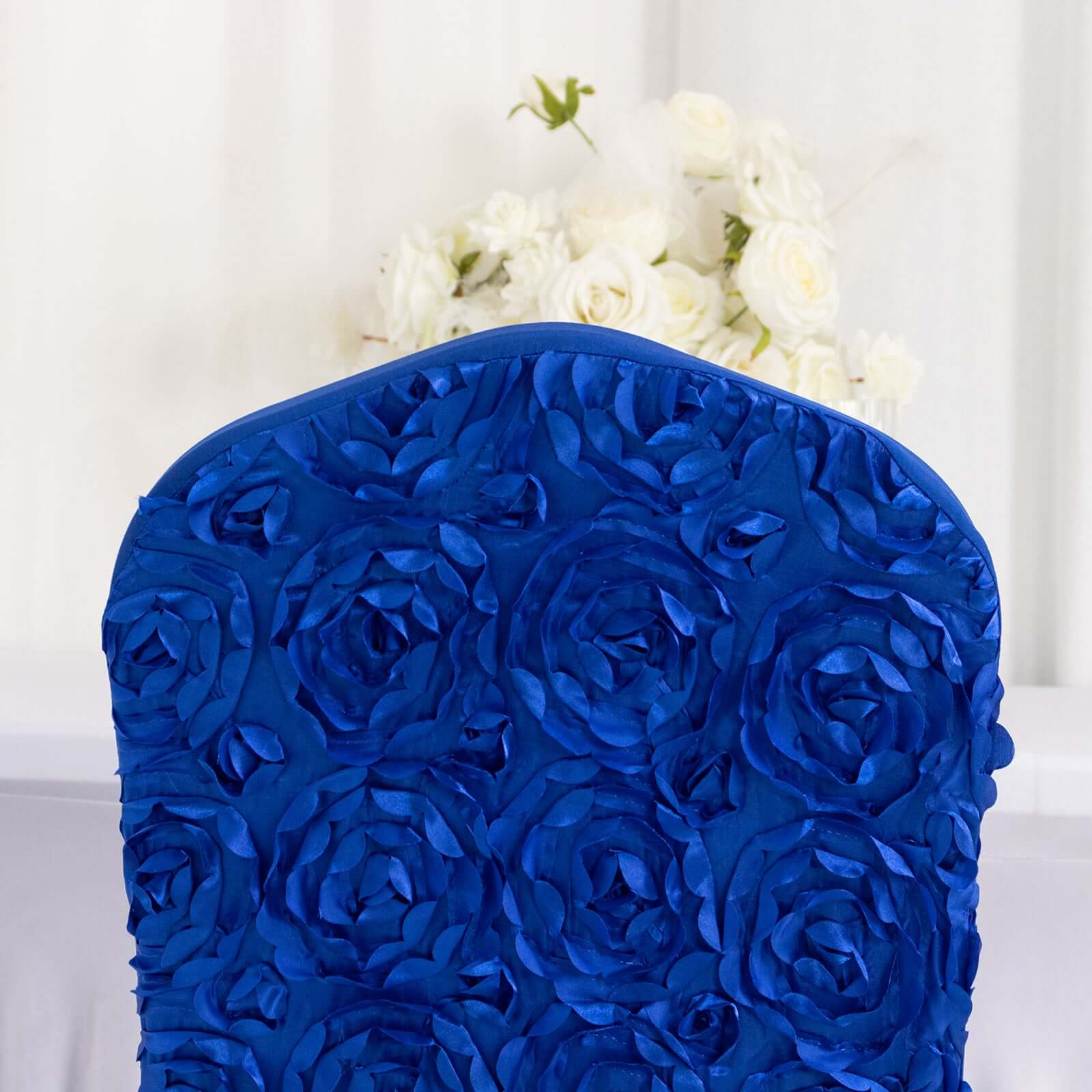 Satin Rosette Chair Cover for Banquet Chairs Royal Blue - Stretch Fitted Slip-On Slipcover