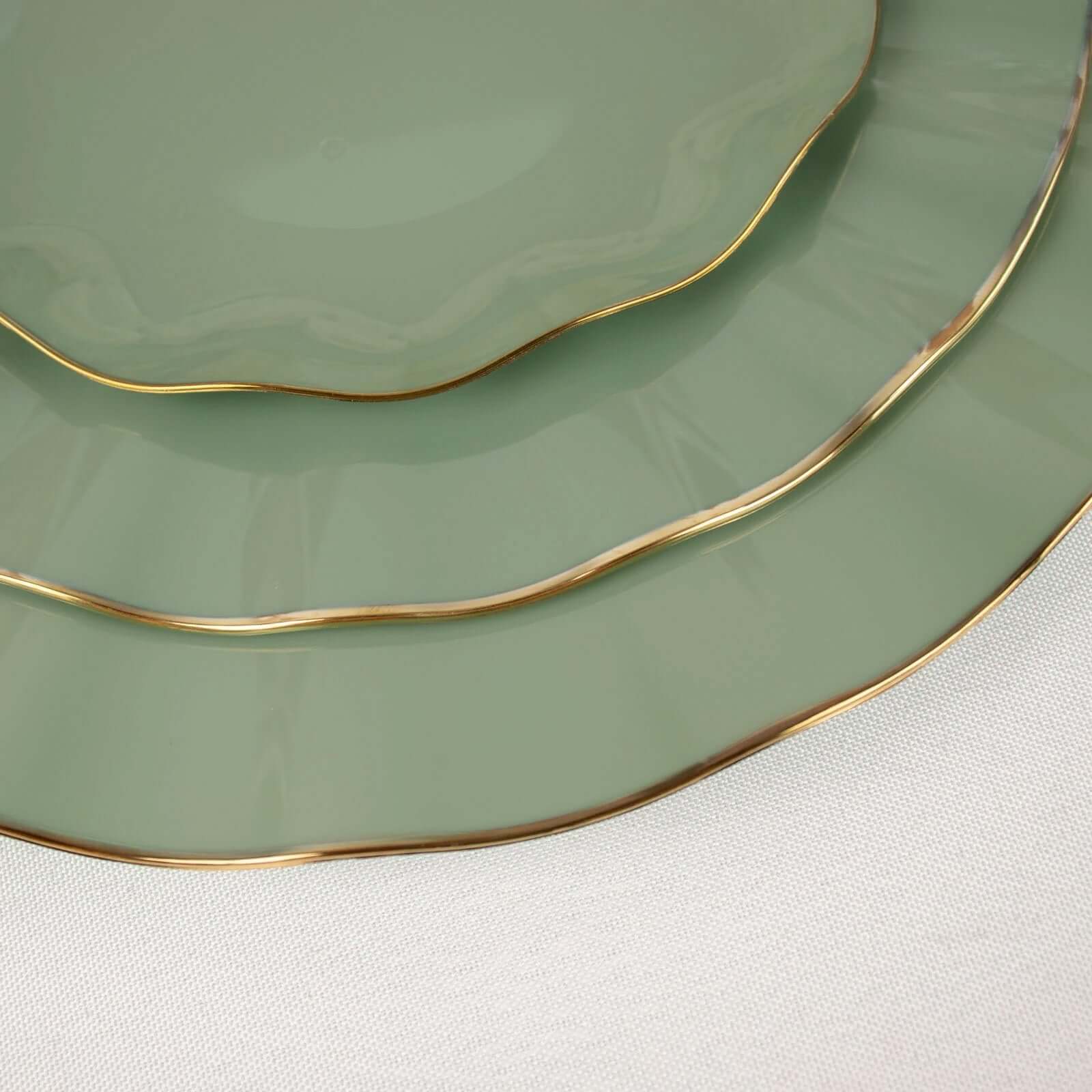 10-Pack Plastic 9" Round Dinner Plates in Dusty Sage Green Ruffled Rim with Gold Edging - Sturdy Disposable Dinnerware