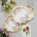 25-Pack Paper 8" Dessert Plates in White with Floral Print & Gold Scallop Rim - Disposable 300GSM Appetizer Salad Plates for Cocktail Events & Receptions