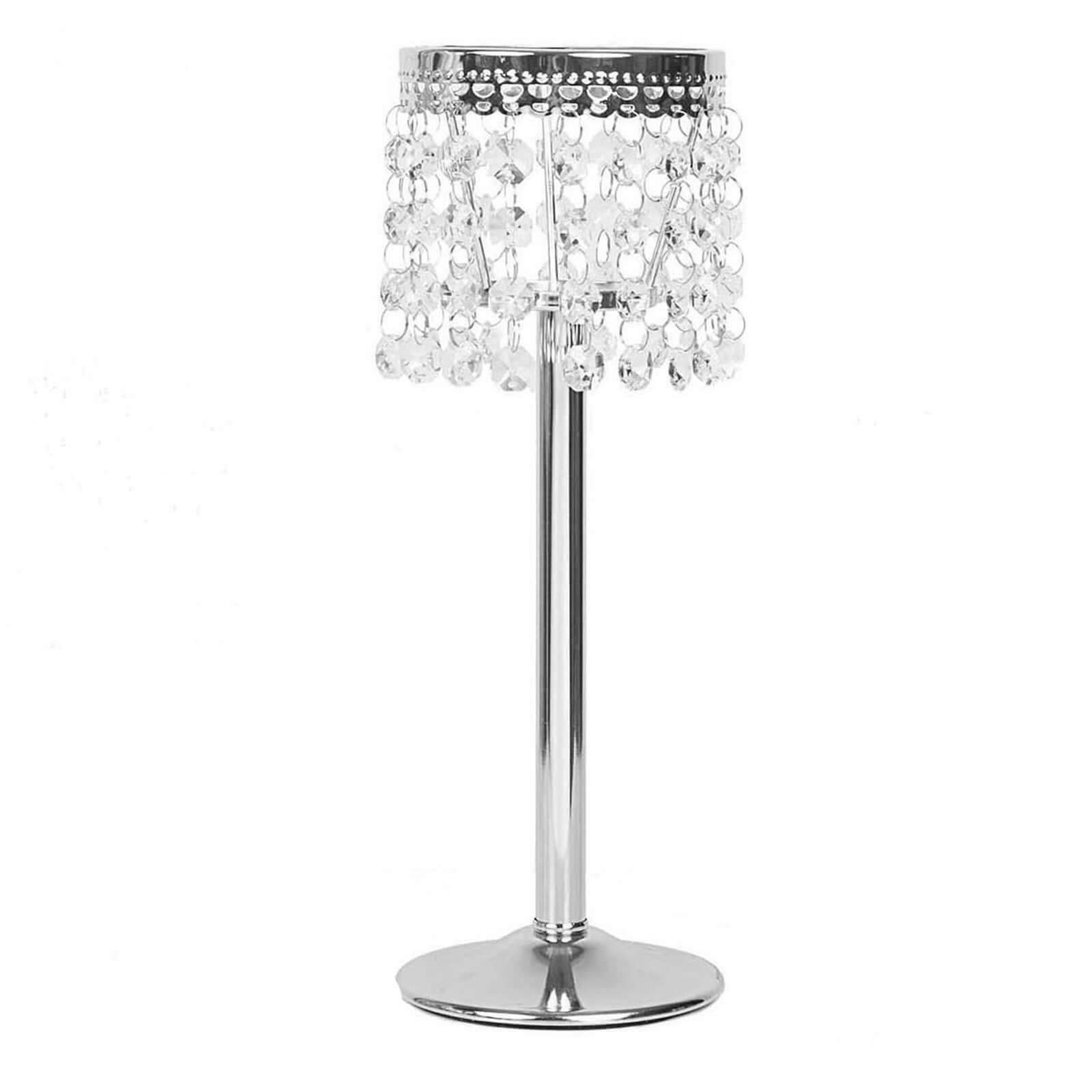 Crystal Beaded Chandelier Metal Candle Holder Silver - Sophisticated Pillar Tealight Stand 12"
