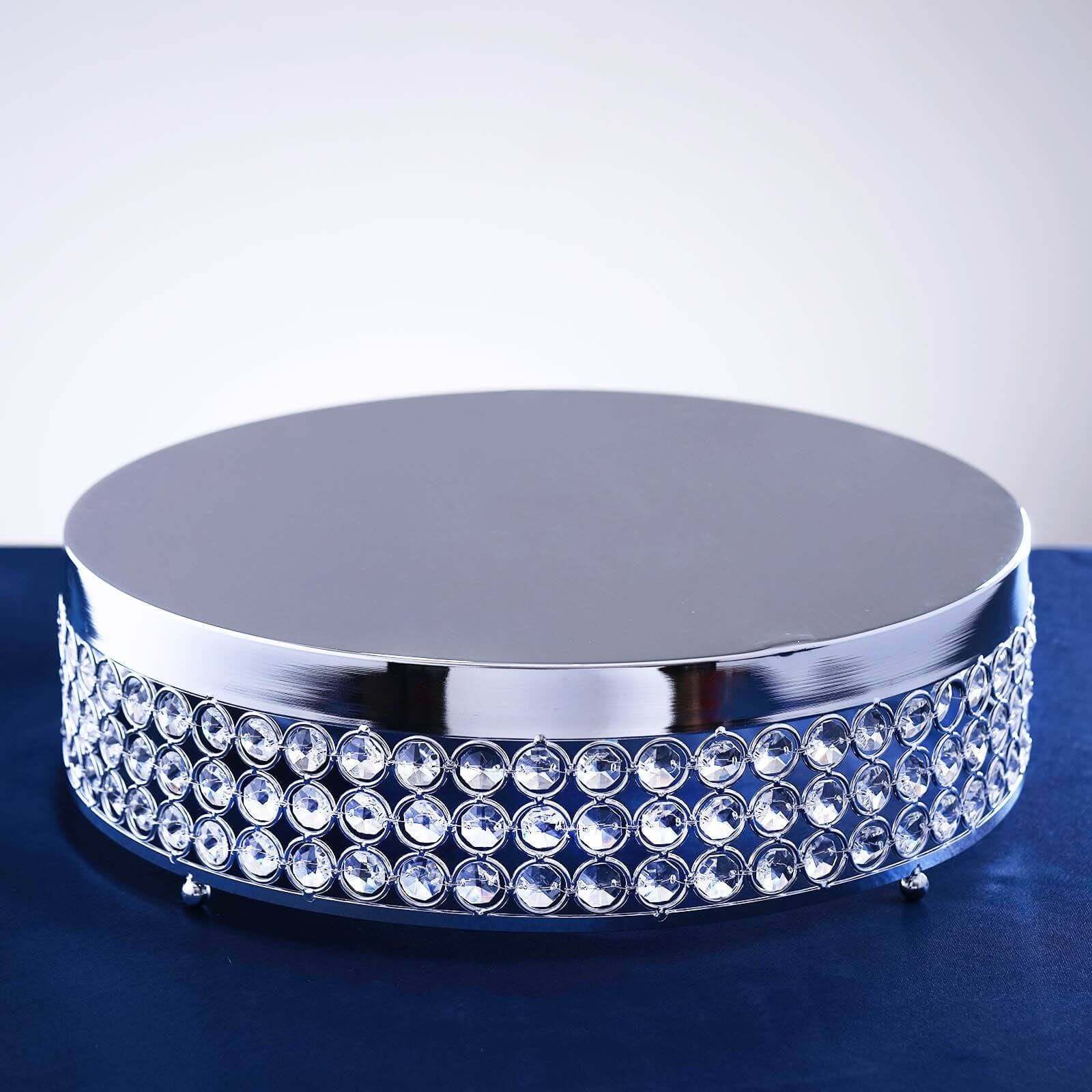 Metal Cake Stand Pedestal Crystal Beaded Design Silver - Cupcake Display and Dessert Riser 13"