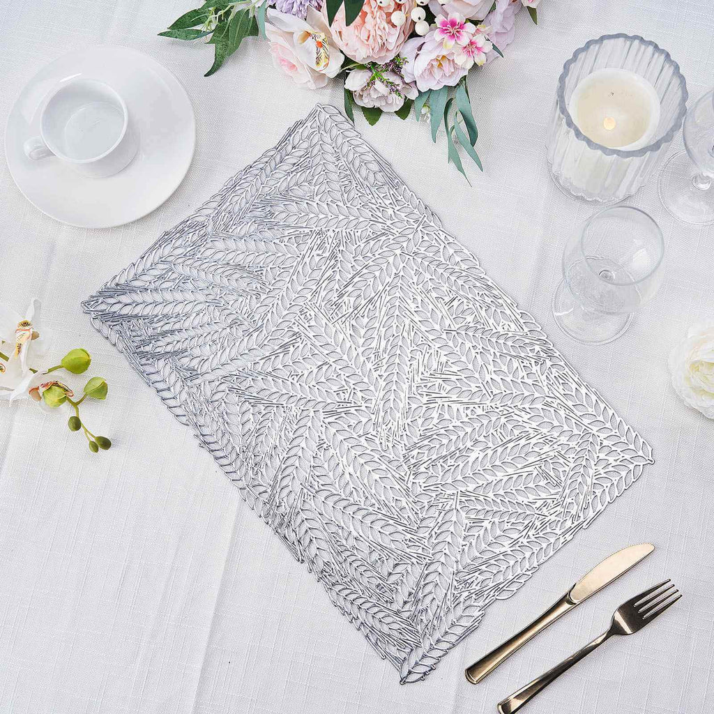 6-Pack Table Mats Wheat Design Silver - Vinyl Rectangle Non-Slip Surface for Stylish Settings 12"x18"