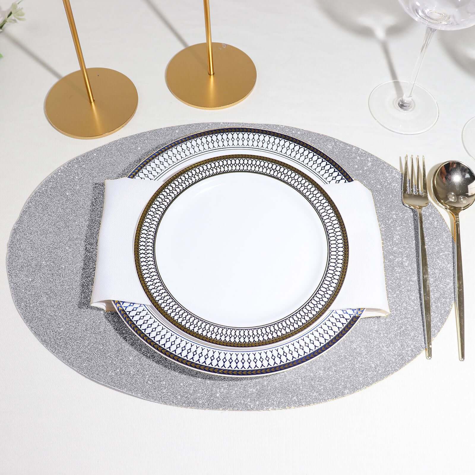 6-Pack Placemats Glitter Design Silver Sparkle Oval - Non-Slip Decorative Table Mats for Dining 12"x18"