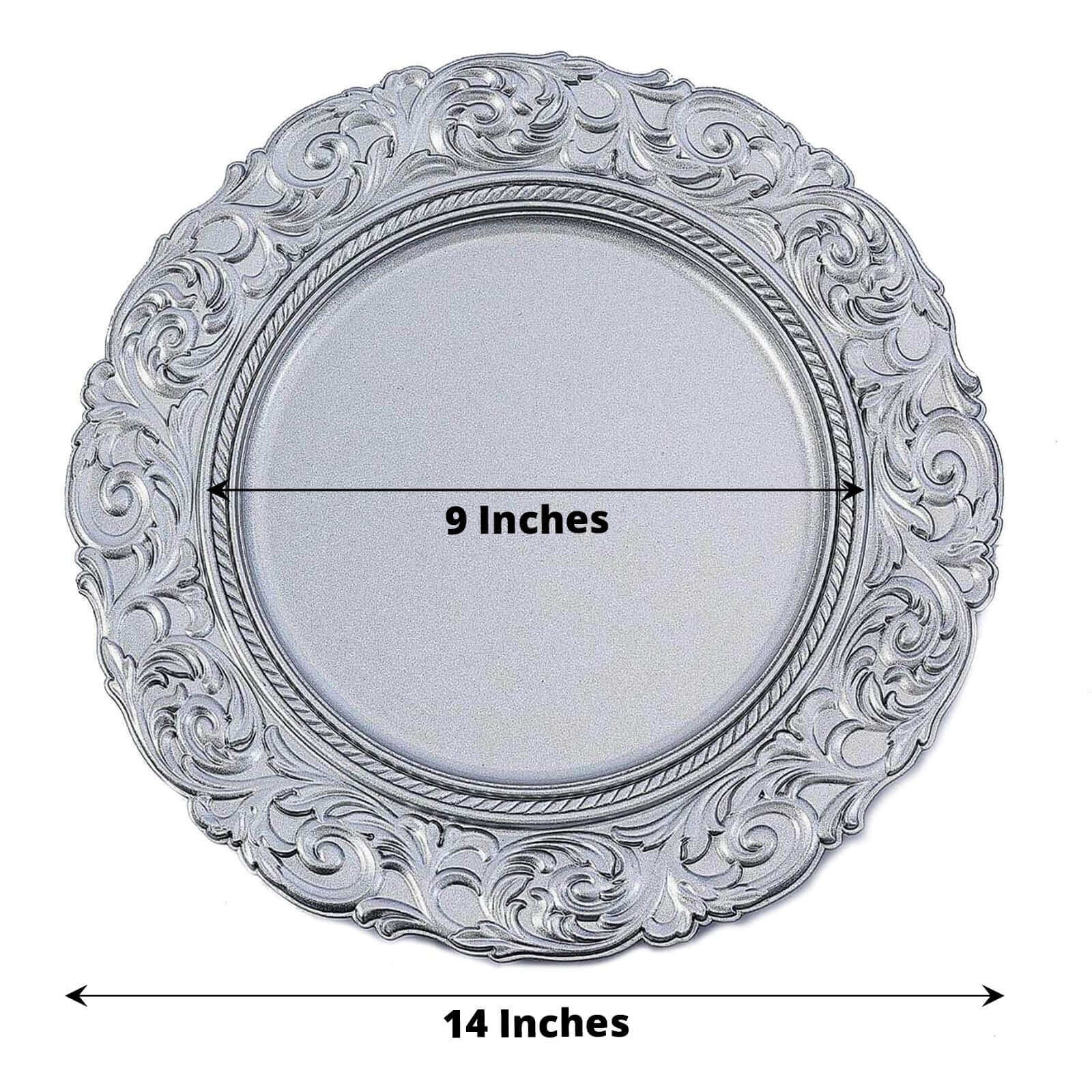 6-Pack Acrylic Round Charger Plates 14" in Silver with Engraved Baroque Rim, Vintage Disposable Decorative Chargers
